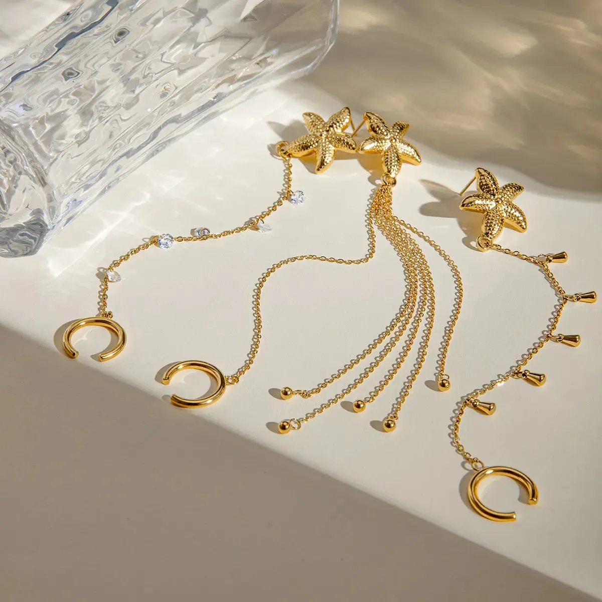18K Gold Stainless Steel Single Starfish Rhinestone Ear Clip
