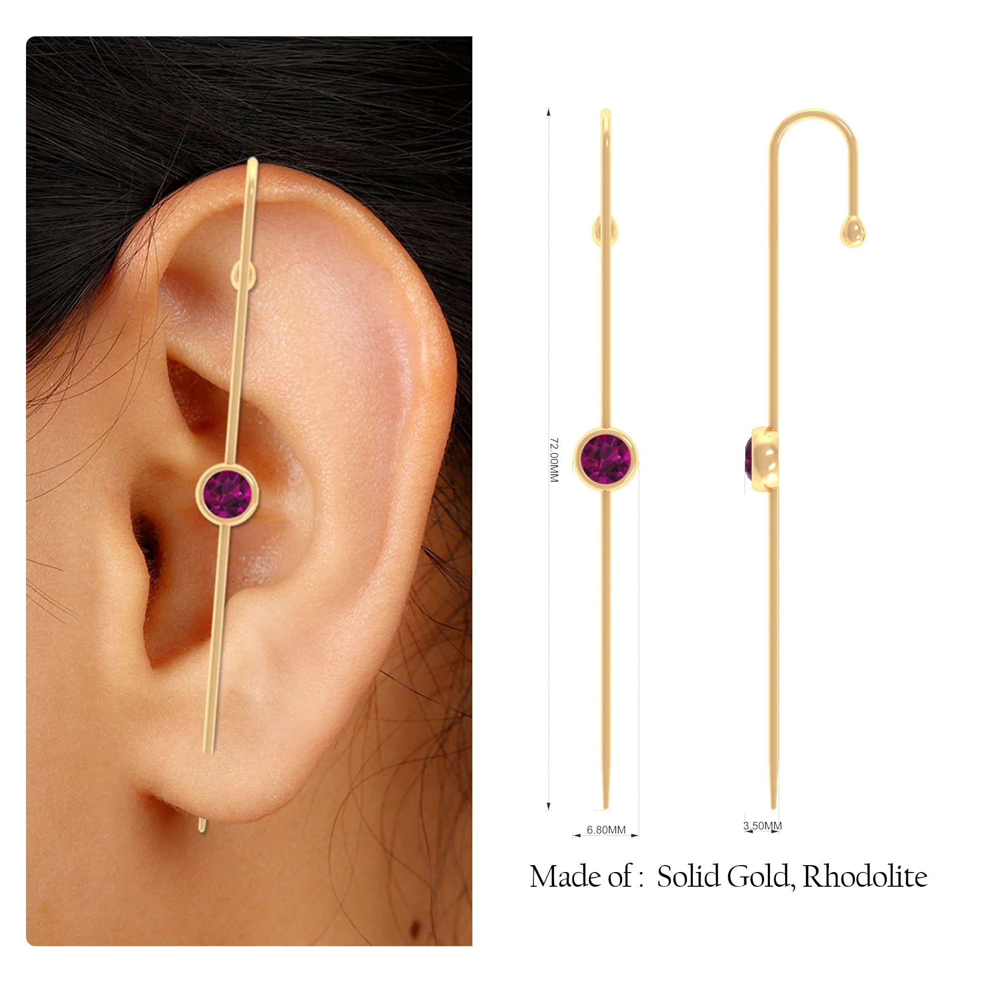 5 MM Round Rhodolite Solitaire Ear Pin in Bezel Setting