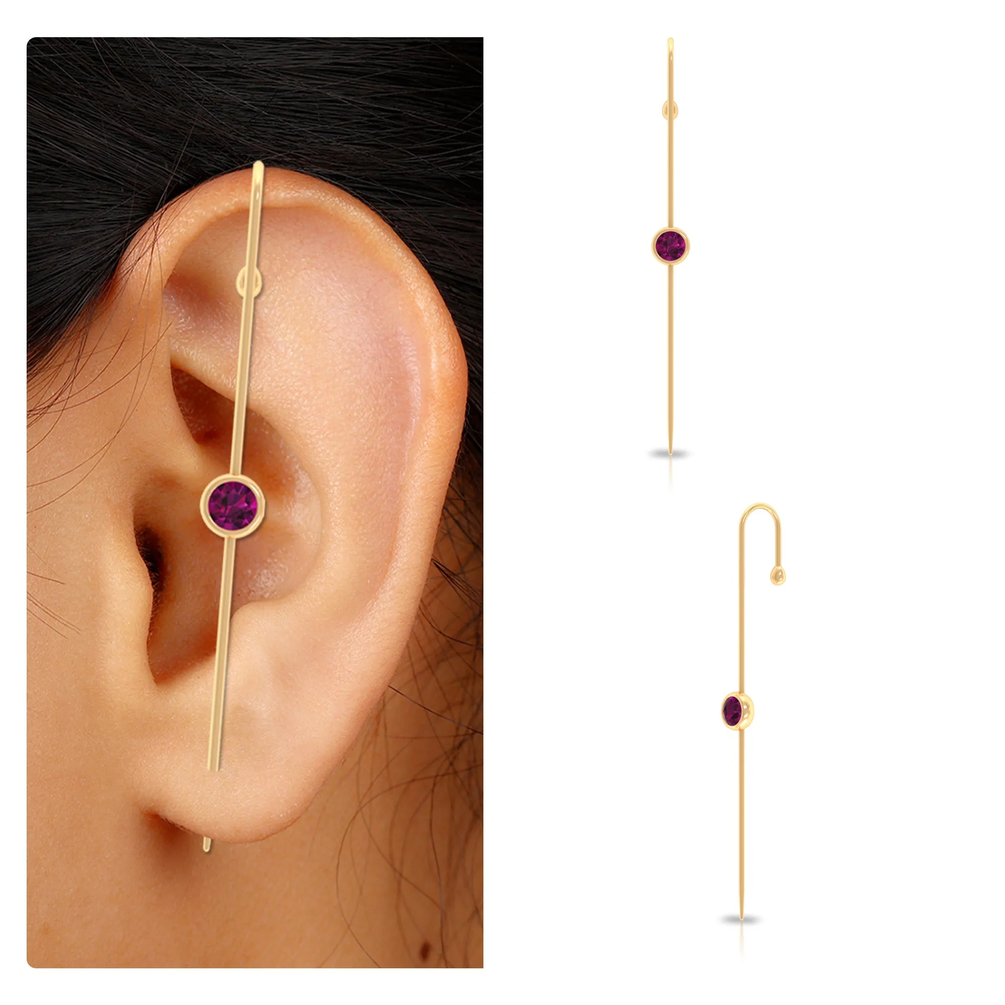 5 MM Round Rhodolite Solitaire Ear Pin in Bezel Setting
