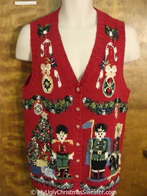 80s Gem Red Christmas Sweater Vest with Nutcrackers