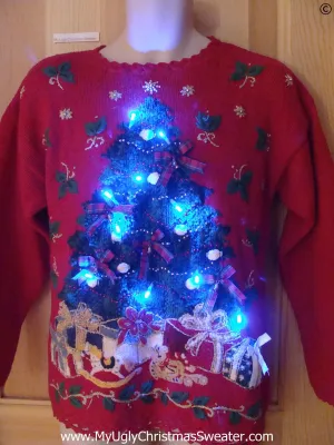 80s Red Christmas Sweater with Tree, Ivy, and Lights (g292)