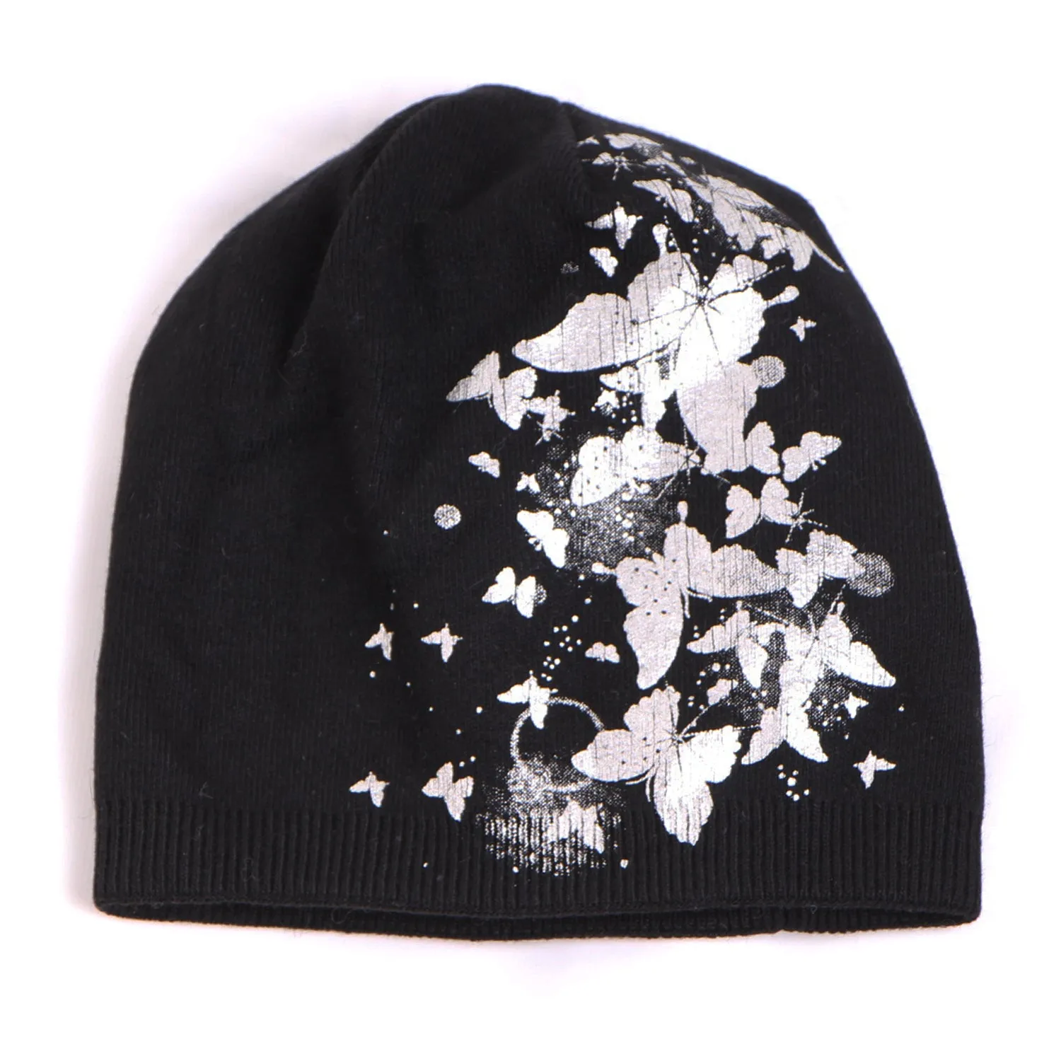 Beanie hat with butterfly metallic shimmer pattern