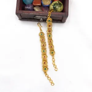 Beautiful Floral work Antique Gold Ear Chain with Red and Green stones