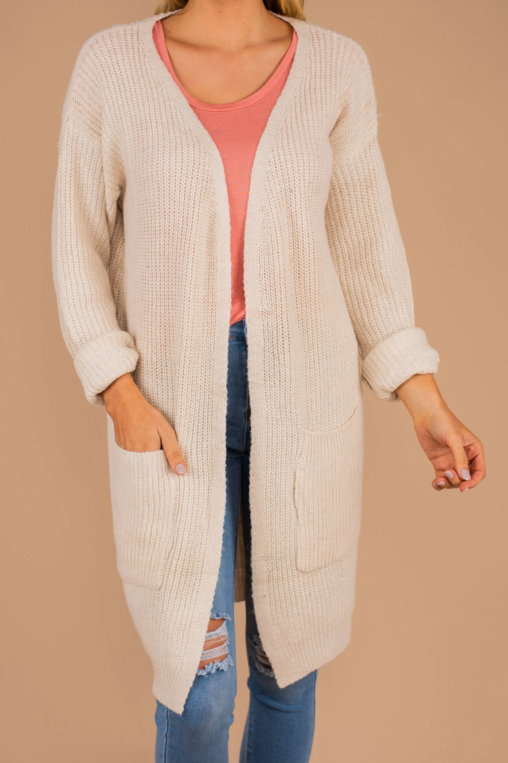 Been Here Waiting Oatmeal White Long Cardigan