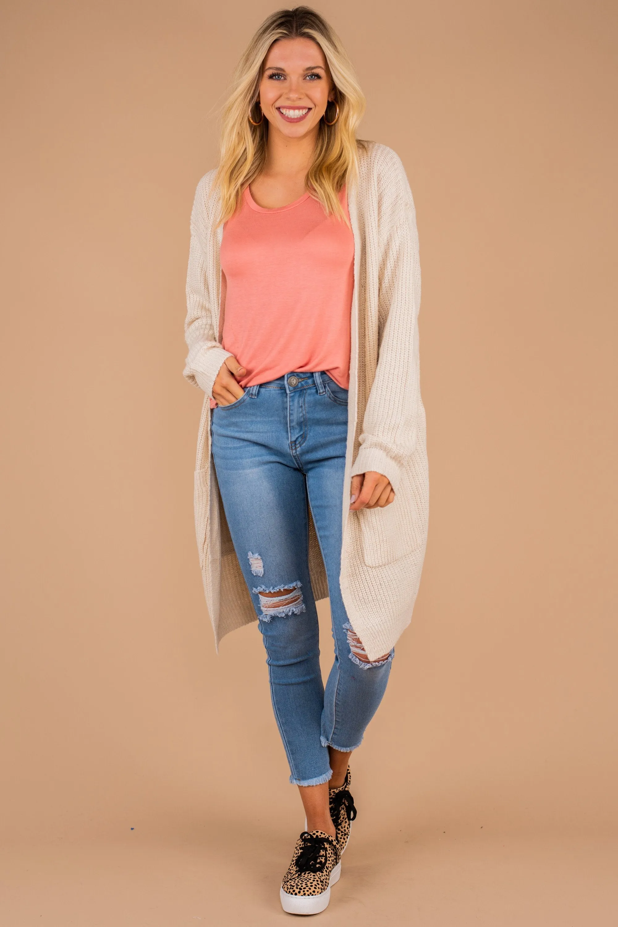 Been Here Waiting Oatmeal White Long Cardigan