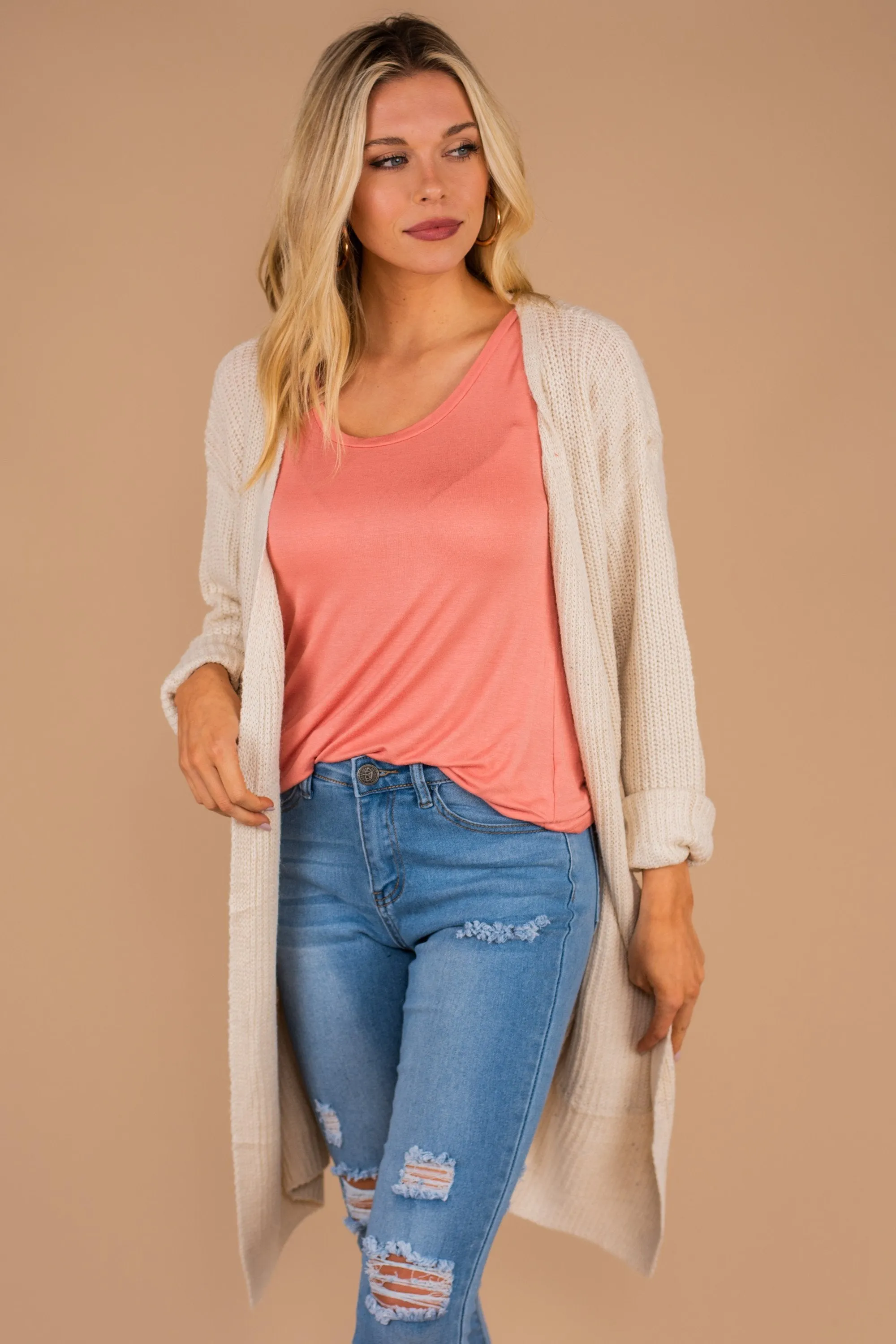 Been Here Waiting Oatmeal White Long Cardigan