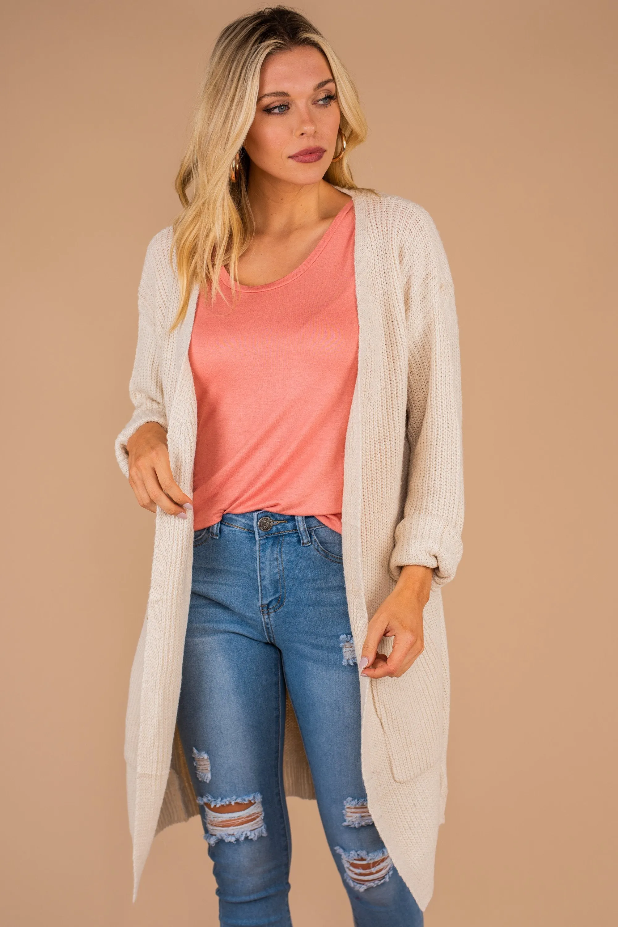 Been Here Waiting Oatmeal White Long Cardigan