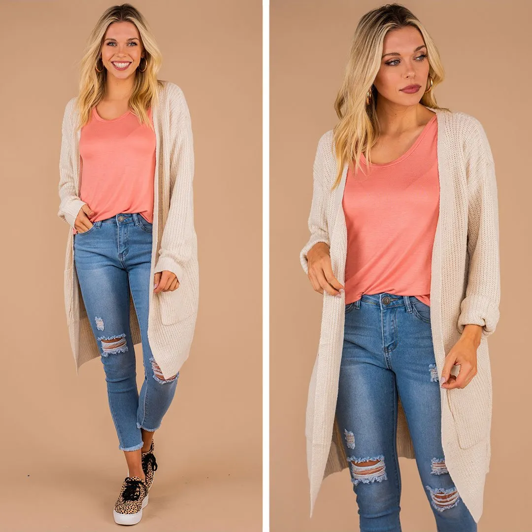 Been Here Waiting Oatmeal White Long Cardigan