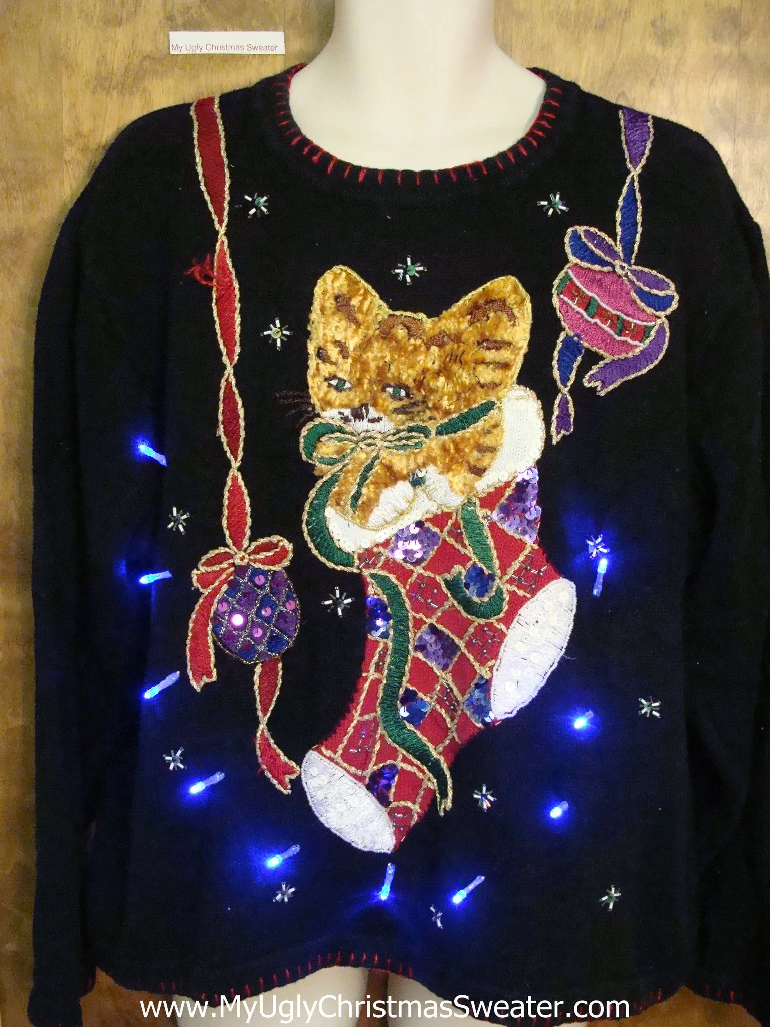 Best Bling Cat in Stocking Light Up Ugly Xmas Sweater