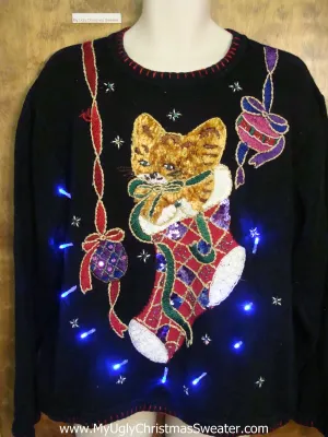 Best Bling Cat in Stocking Light Up Ugly Xmas Sweater