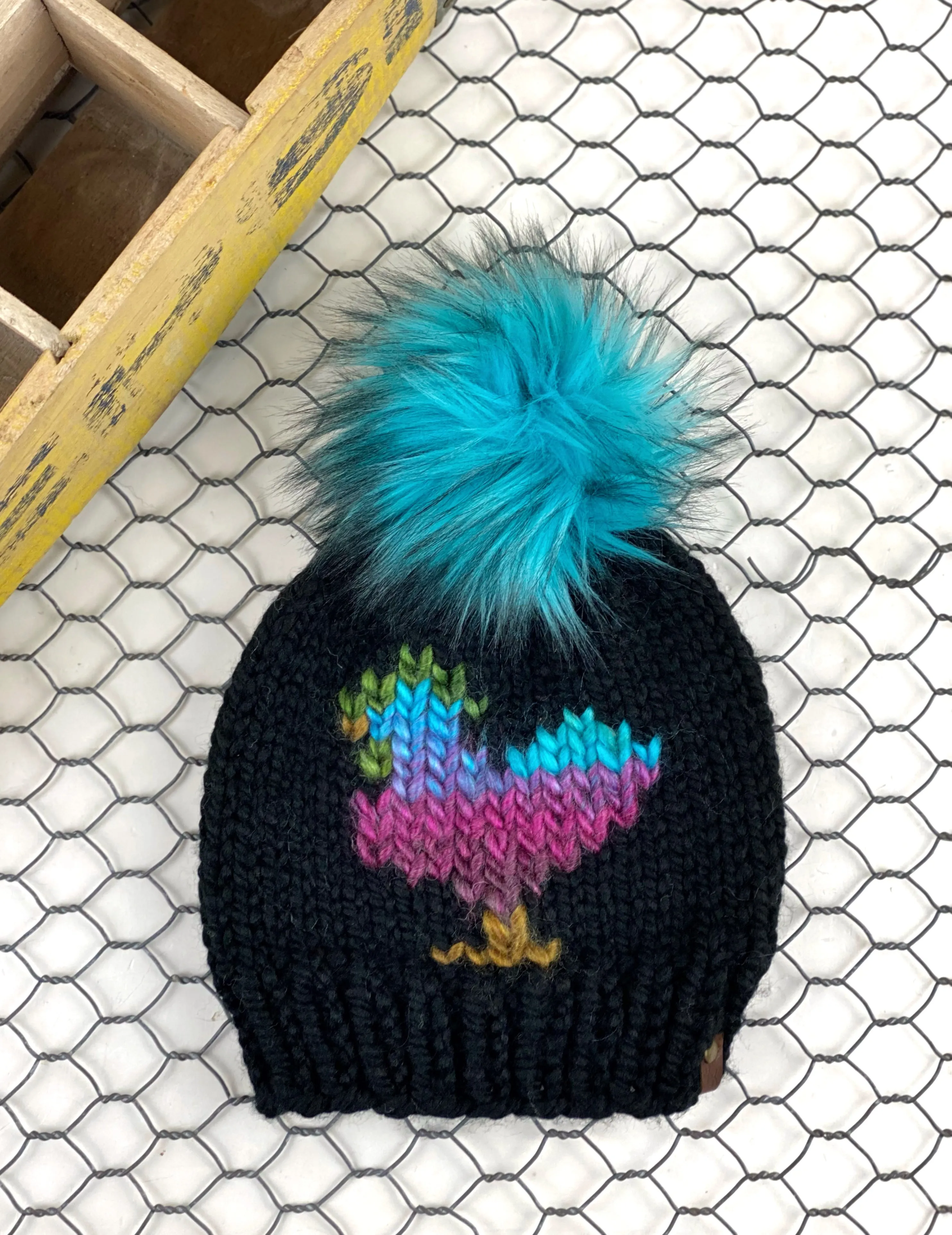 Black and Multi Colored Chicken Beanie Wool Blend Womens Adult Hat Faux Fur Pom Pom Hat