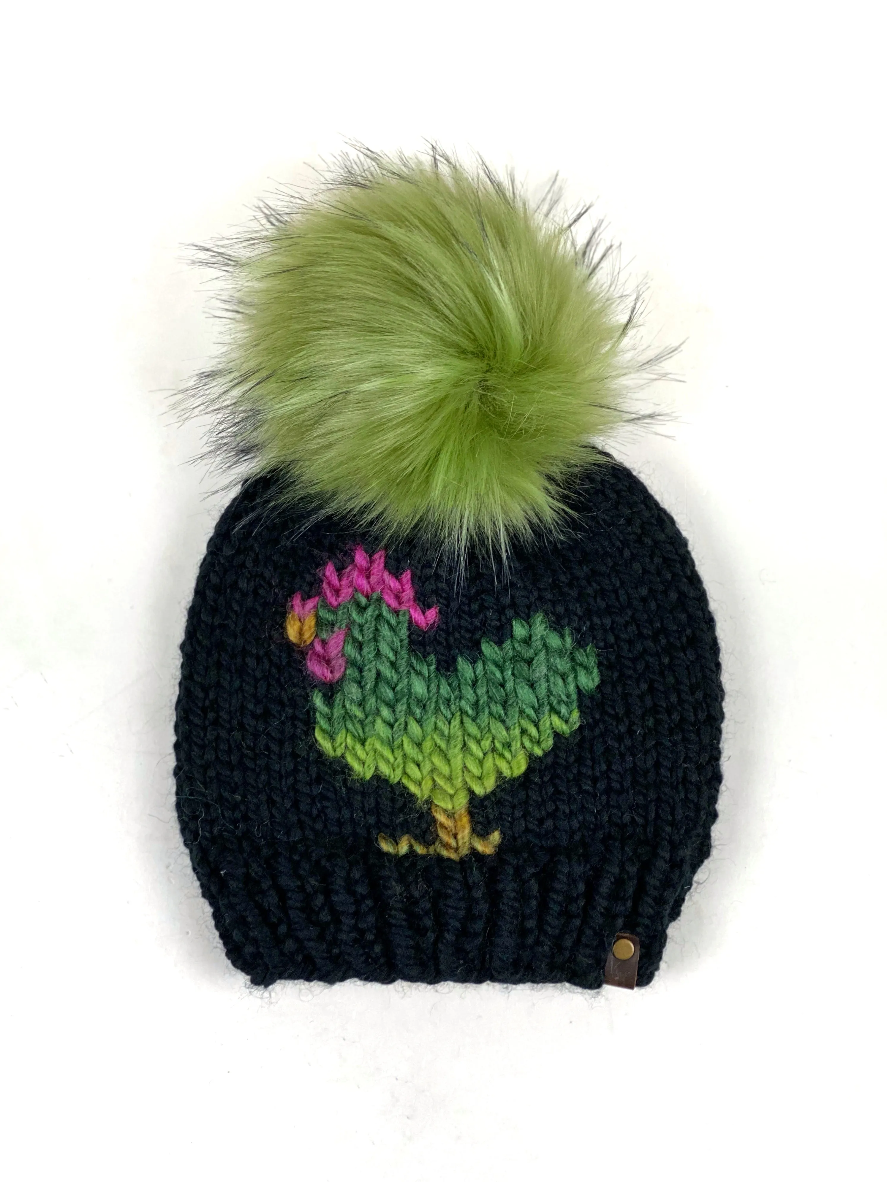 Black and Multi Colored Chicken Beanie Wool Blend Womens Adult Hat Faux Fur Pom Pom Hat