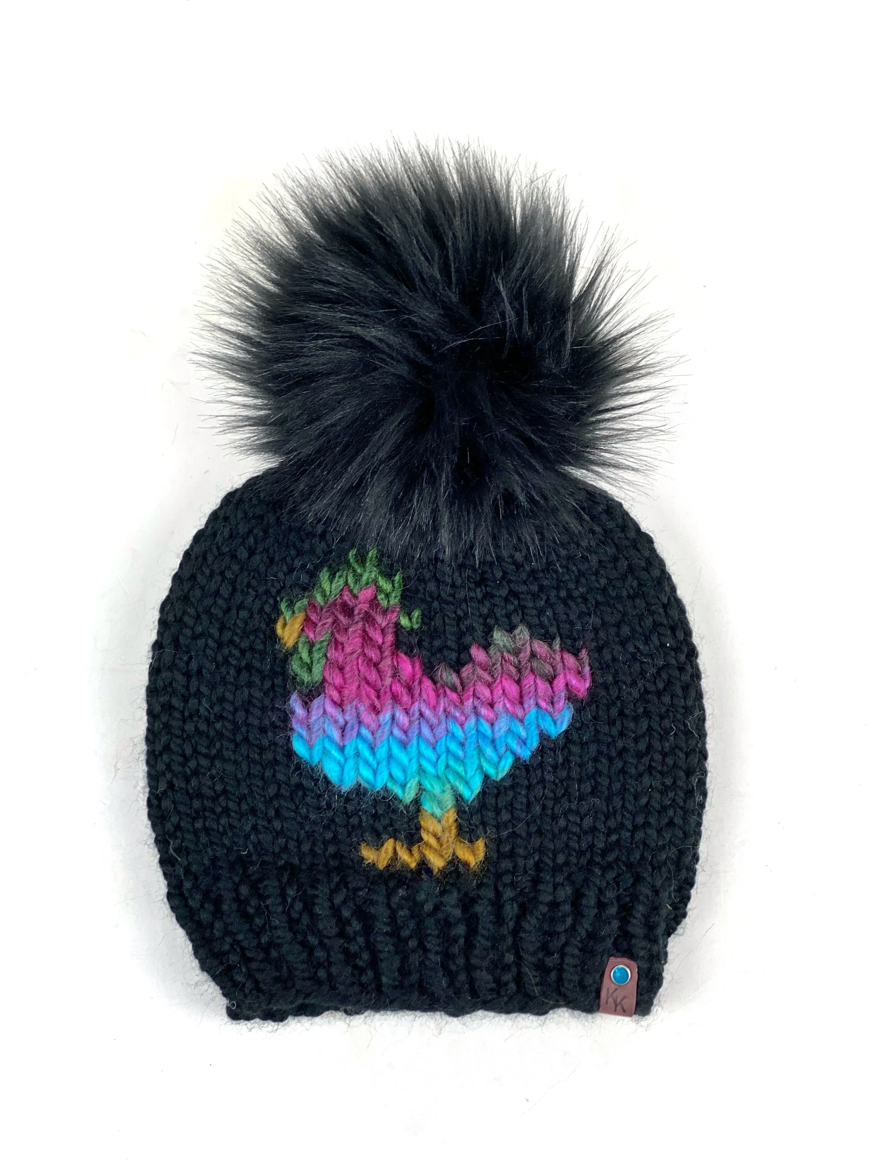 Black and Multi Colored Chicken Beanie Wool Blend Womens Adult Hat Faux Fur Pom Pom Hat