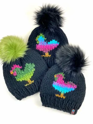 Black and Multi Colored Chicken Beanie Wool Blend Womens Adult Hat Faux Fur Pom Pom Hat