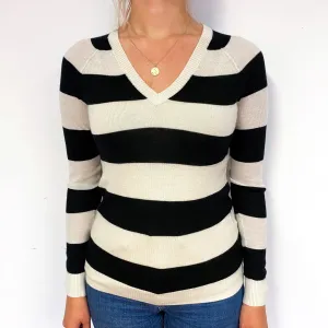 Black Cream Stripe Cashmere V-Neck Jumper Small