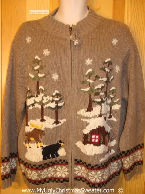 Brown Festive Christmas Sweater with Moose and Bear