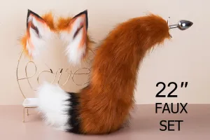 Brown white faux fur fox tail plug and ear wolf tail buttplug and ear kitten ear and tail plug set curved tail and ear plug cosplay