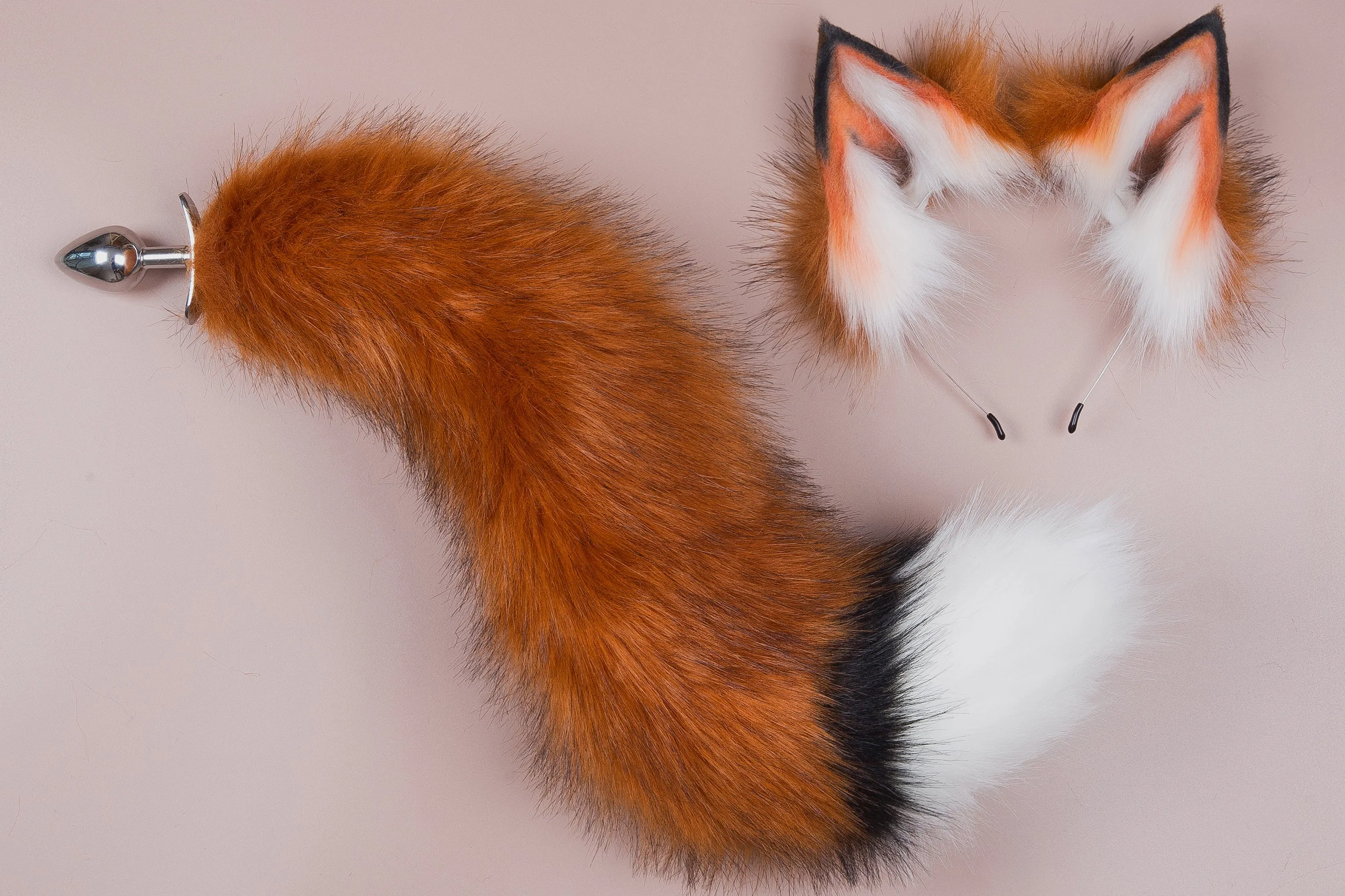 Brown white faux fur fox tail plug and ear wolf tail buttplug and ear kitten ear and tail plug set curved tail and ear plug cosplay