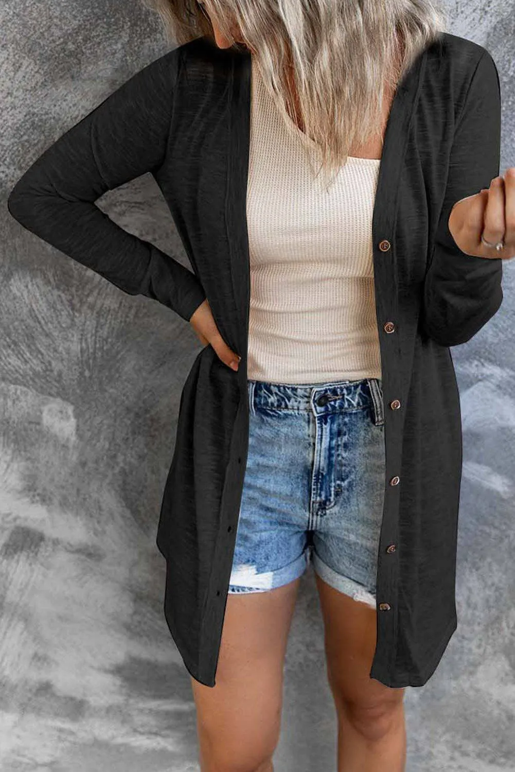 Button Front V-Neck Cardigan: Black