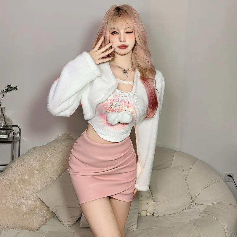 Chic Kitty Crop Top Pom Pom Cardigan Two Piece Set