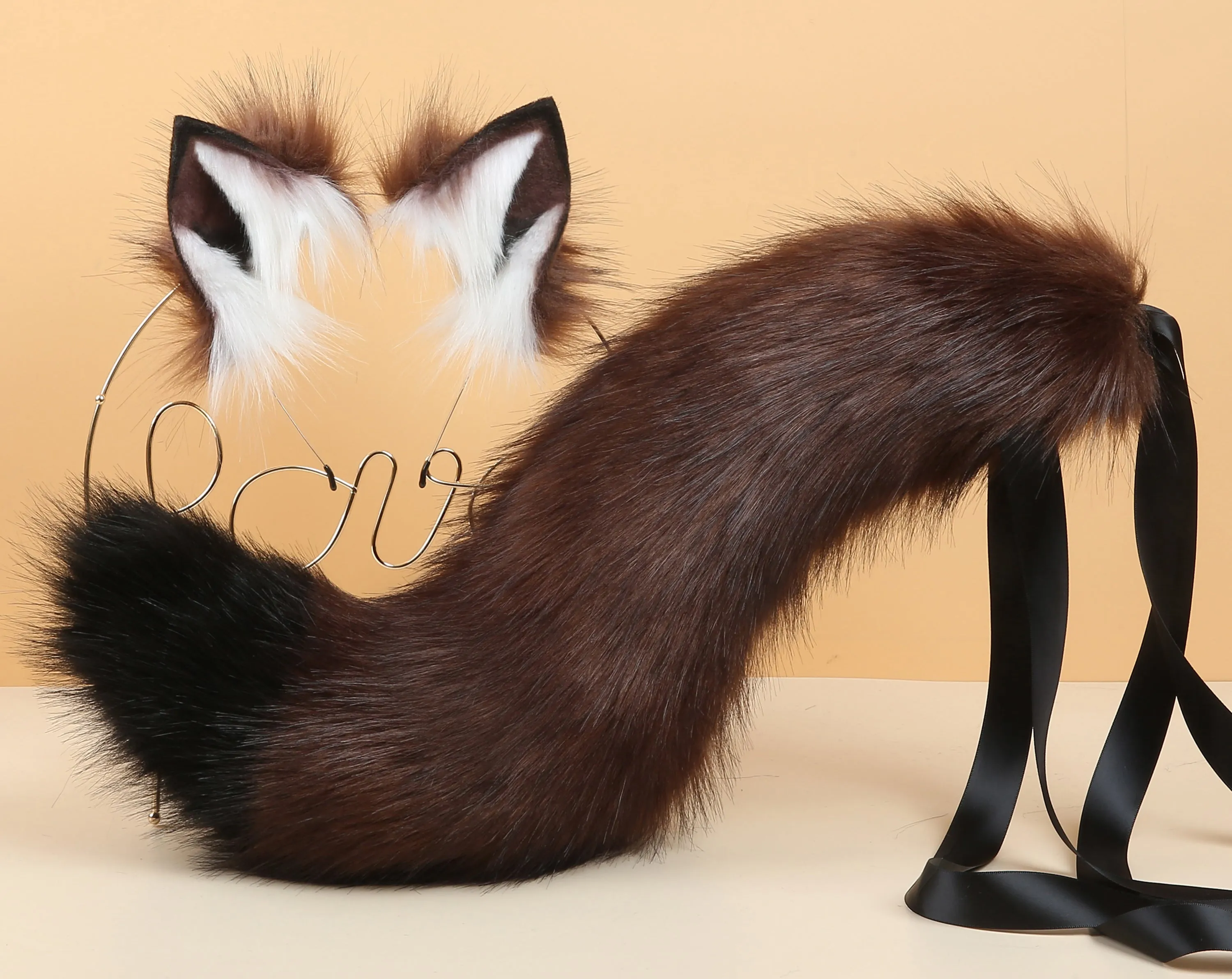 coffee black fox tail plug and ear and tail plug set wolf tail buttplug and ear kitten play set cosplay ear and tail plug T shaped butt plug tail and ear