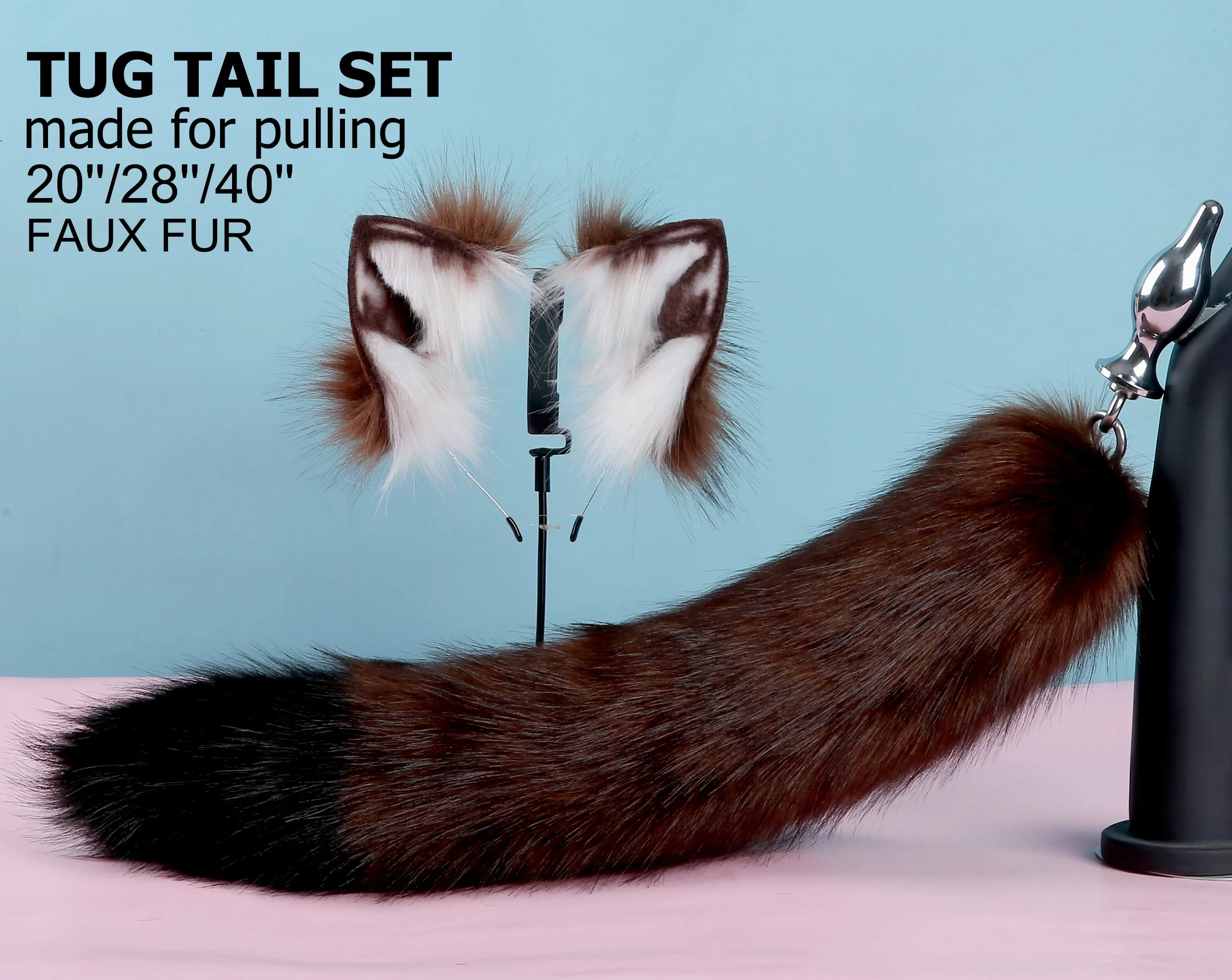 coffee black tug tail plug and ear set faux fur fox tail butt plug wolf tail buttplug ddlg sex toy bdsm cat tail plug bondage petplay