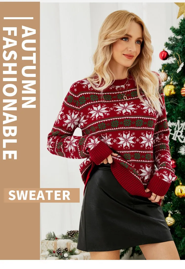 DressBetty - Christmas Long Sleeve Snowflake Round Neck Print Sweater Thick Knit Jumper Warm Sweater
