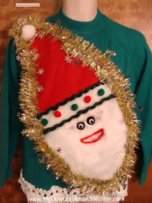 Furry Faced Santa Tacky Christmas Sweater with Fringe