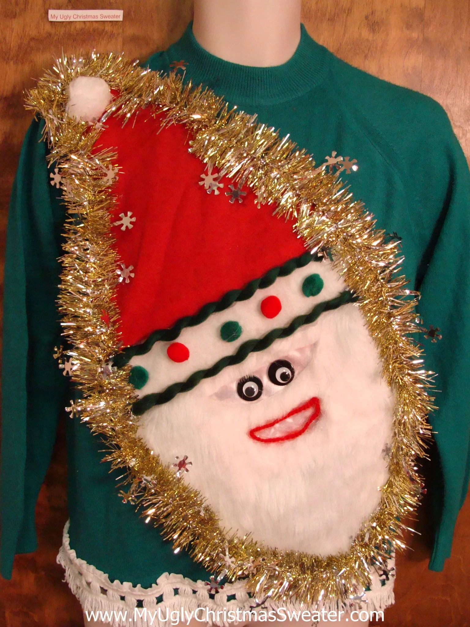 Furry Faced Santa Tacky Christmas Sweater with Fringe