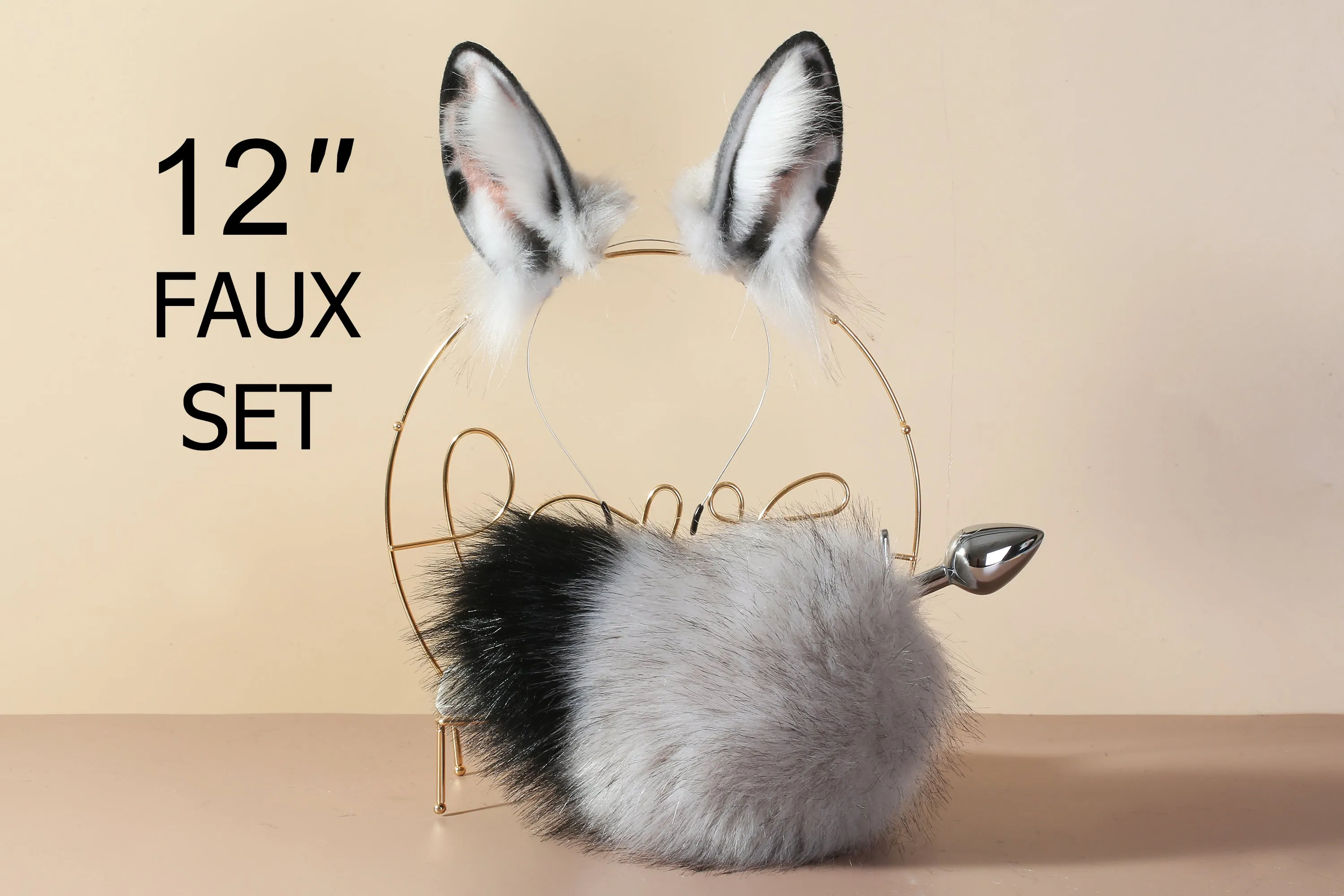 Gray bunny tail plug and ear set bunny tail butt plug tail and ear plug set rabbit tail buttplug bunny ear rabbit ear petplay sextoy mature