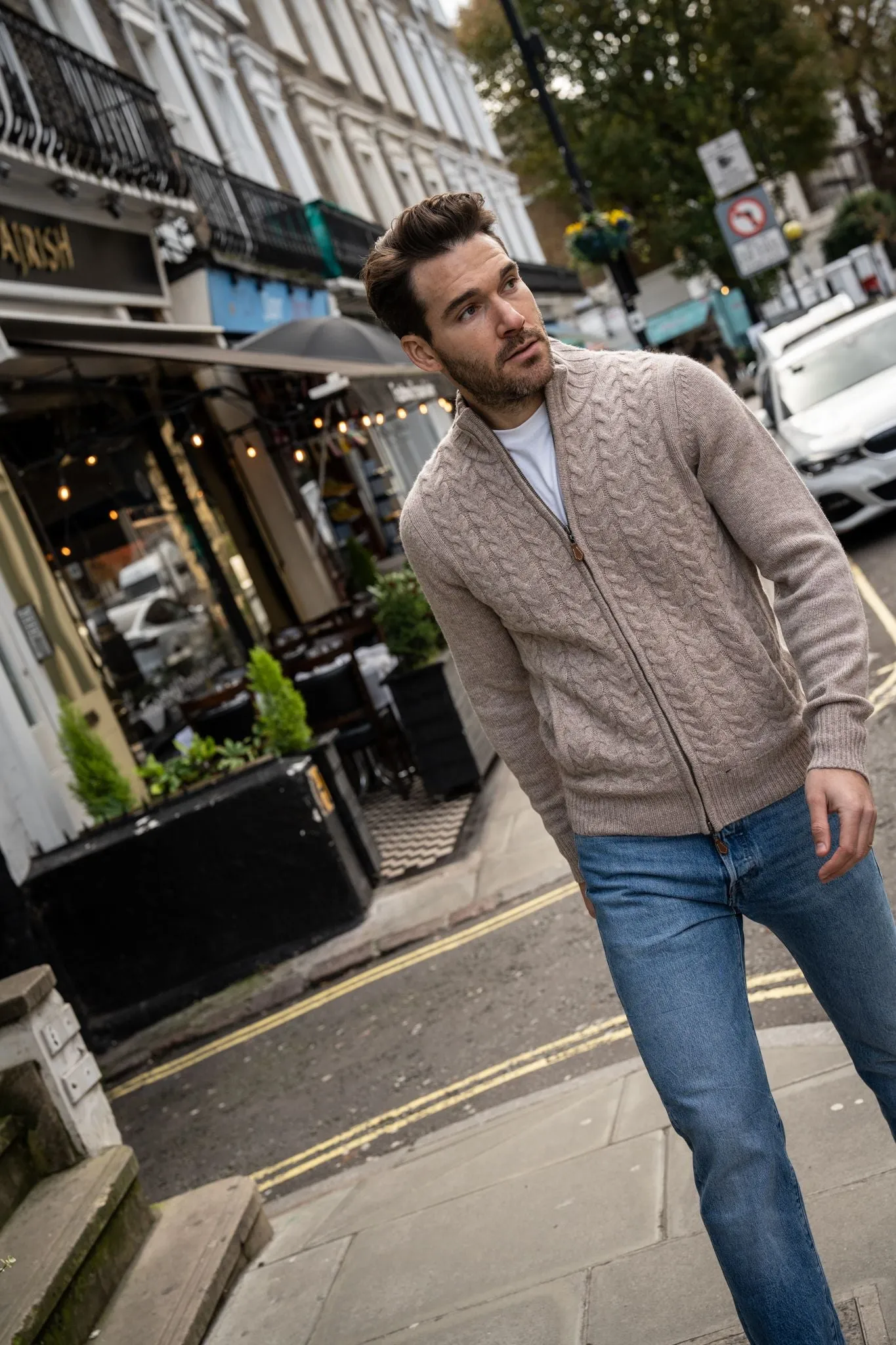 Hawsker Zip Front Mock Neck Jumper In Cobble - Regular Fit