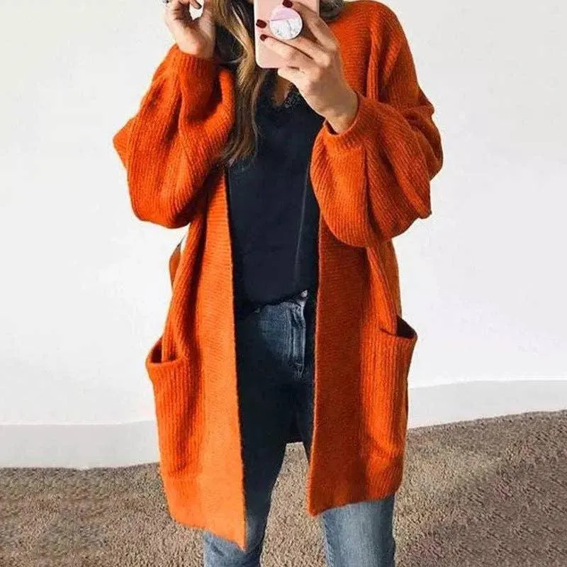 Ladies Pocket Solid Color Long Sleeves Cardigan HC3054