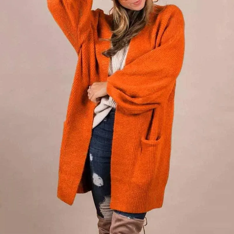 Ladies Pocket Solid Color Long Sleeves Cardigan HC3054