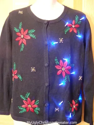 Light Up Ugly Xmas Sweater Cardigan with Poinsettias and Ivy
