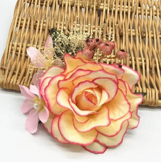 Luxurious Rose Hair Clip with Berries and Leaves