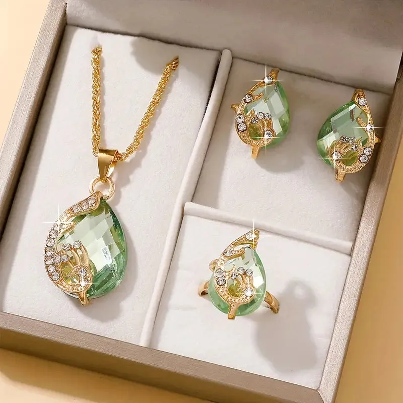 Luxurious Teardrop Glass Rhinestone Pendant Necklace And Earrings & Ring Set