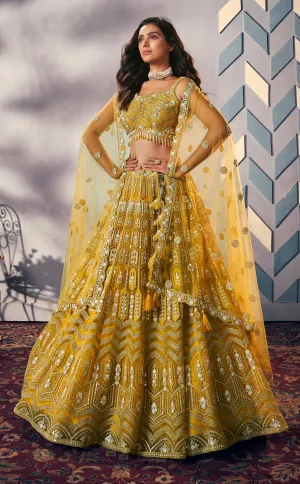 Luxurious Yellow Embroidered Designer Lehenga with Net Dupatta