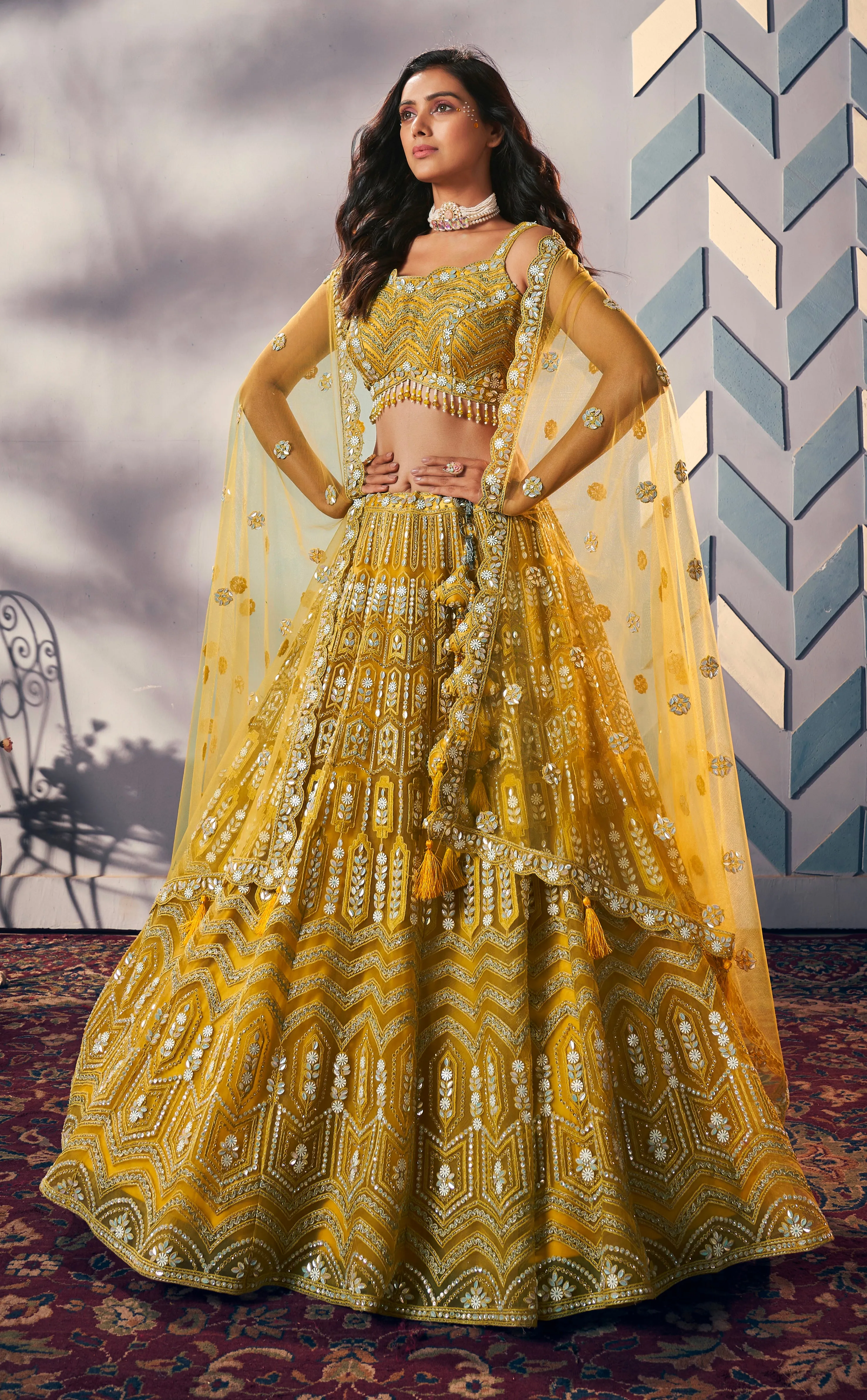 Luxurious Yellow Embroidered Designer Lehenga with Net Dupatta