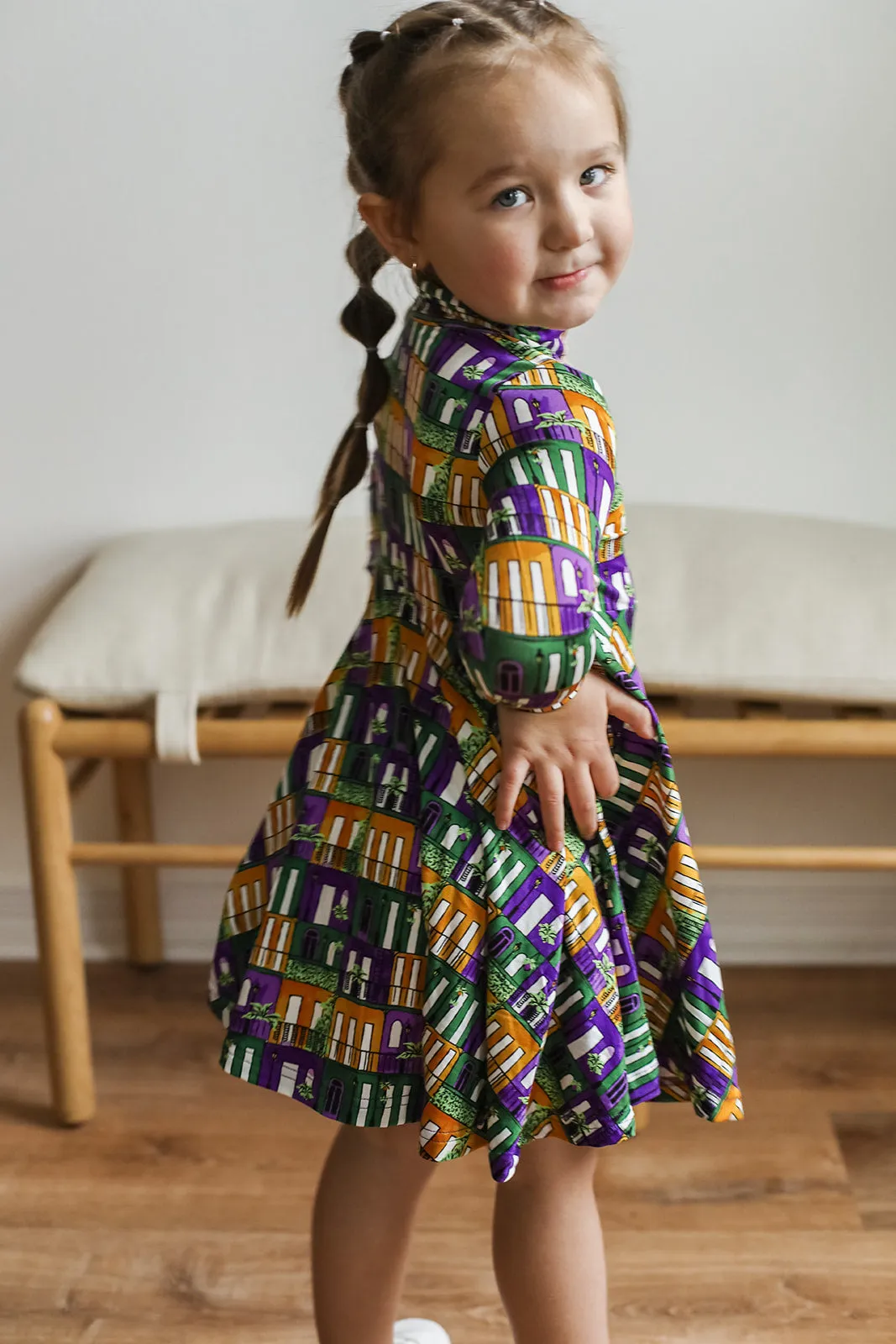 Mardi Gras Houses Bamboo Turtleneck Twirl Dress