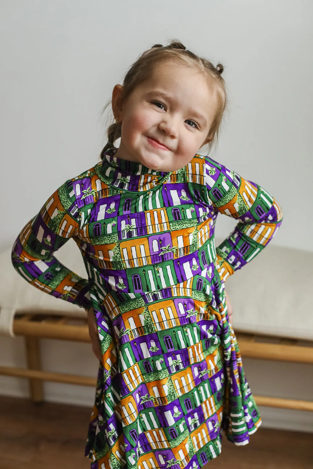 Mardi Gras Houses Bamboo Turtleneck Twirl Dress