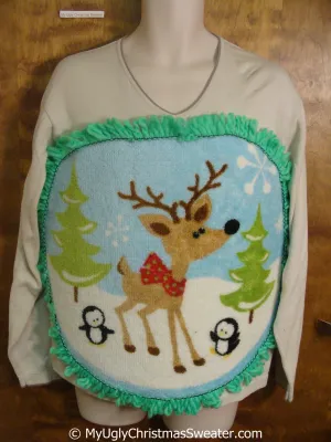 Mens Vneck Pullover with Fluffy Reindeer