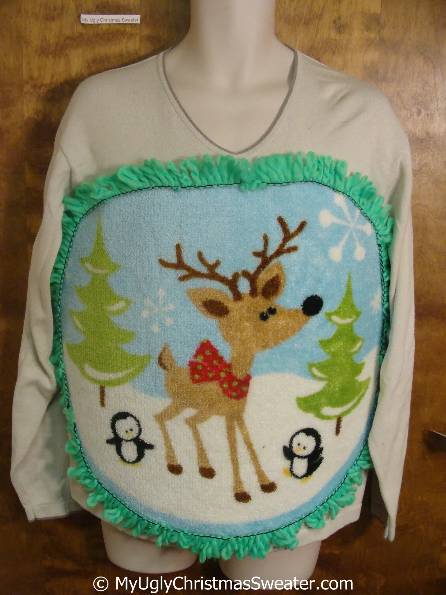 Mens Vneck Pullover with Fluffy Reindeer