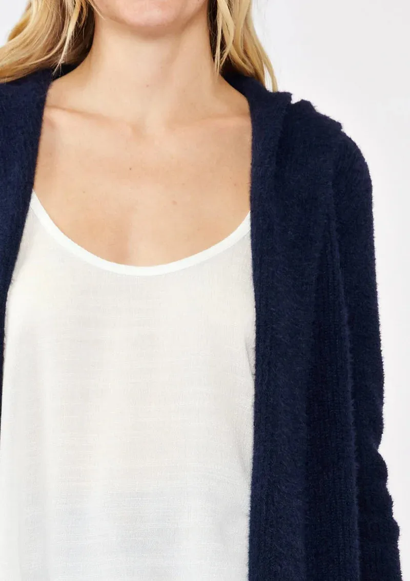 NAVY MID-LENGTH HOODED CARDIGAN