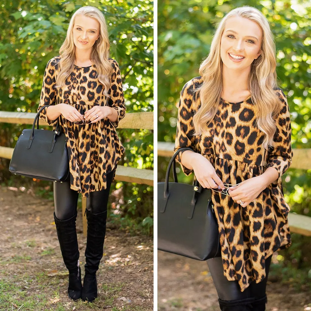 On Your Time Brown Leopard Babydoll Tunic