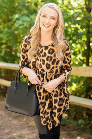 On Your Time Brown Leopard Babydoll Tunic