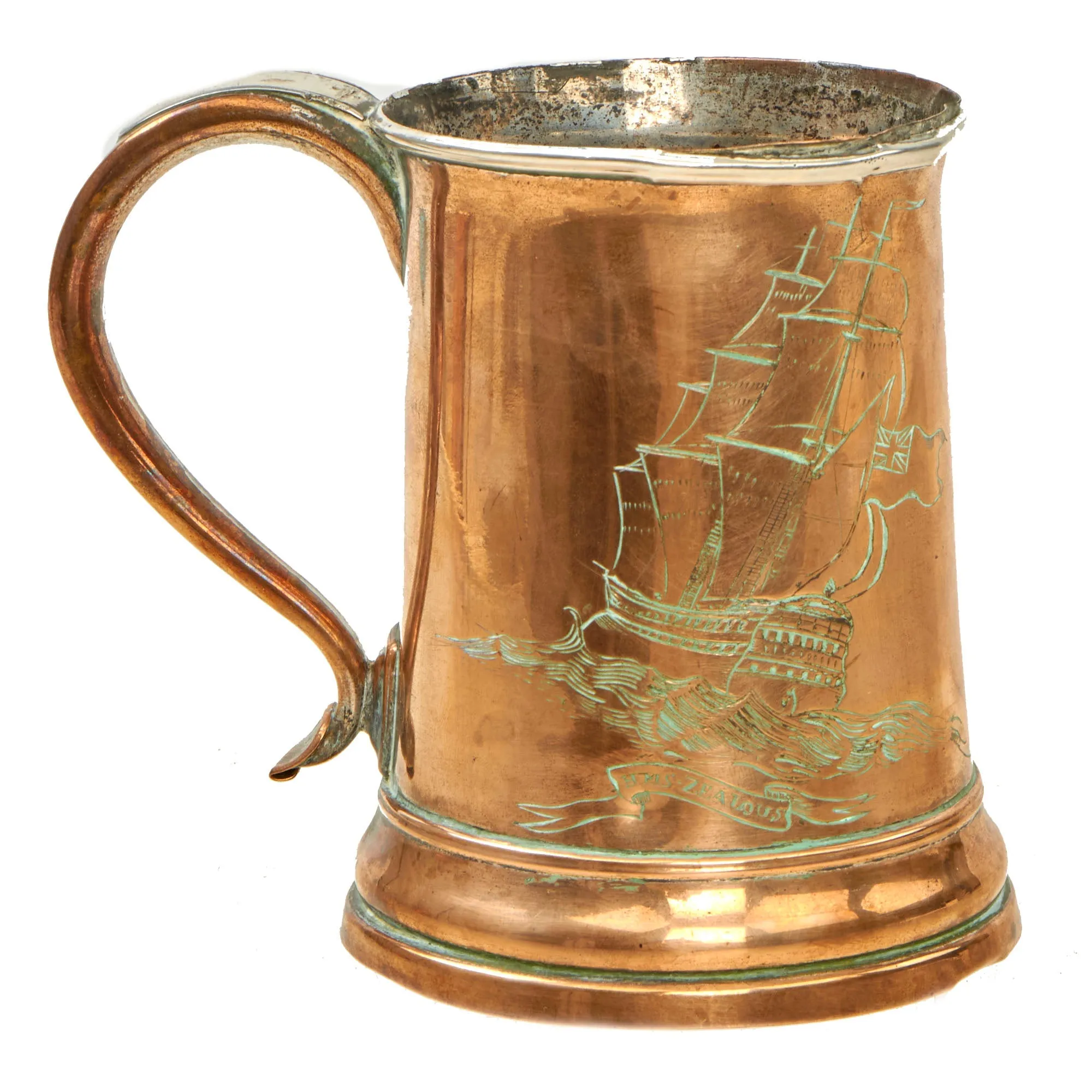 Original British Napoleonic Royal Navy Silver Plated Copper Pint Tankard from HMS ZEALOUS with Nelson’s “Band of Brothers” Engraved on the Side - c. 1800