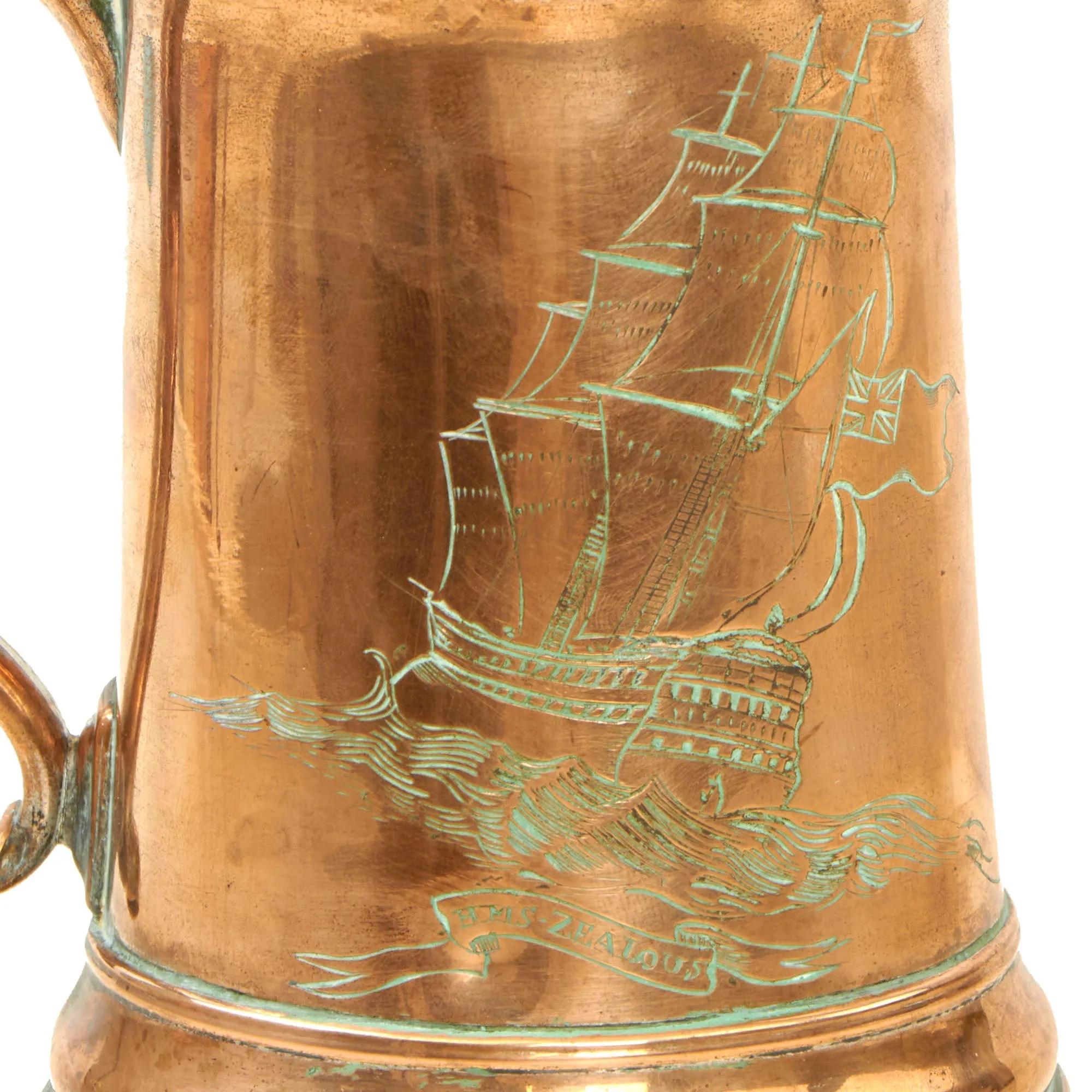 Original British Napoleonic Royal Navy Silver Plated Copper Pint Tankard from HMS ZEALOUS with Nelson’s “Band of Brothers” Engraved on the Side - c. 1800