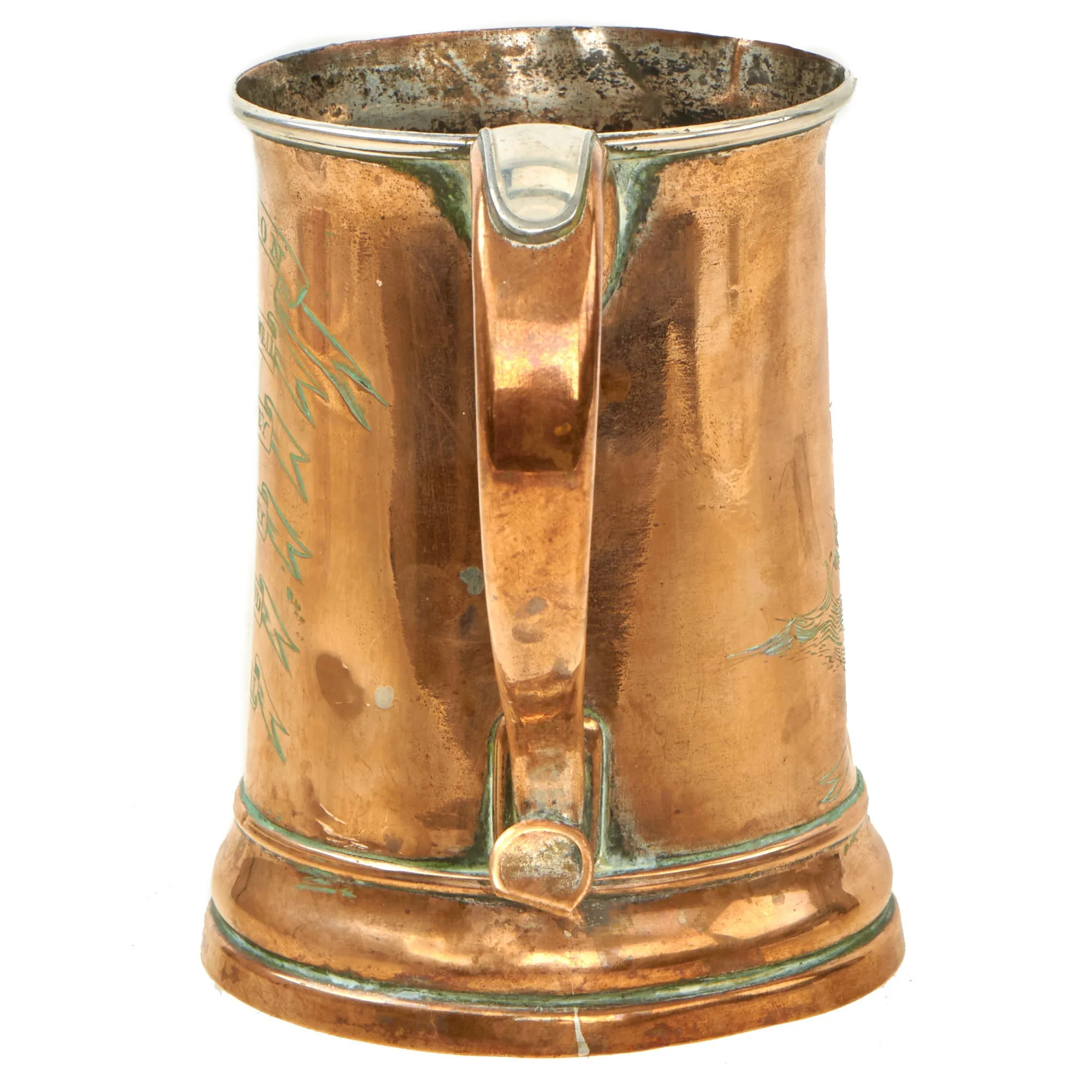Original British Napoleonic Royal Navy Silver Plated Copper Pint Tankard from HMS ZEALOUS with Nelson’s “Band of Brothers” Engraved on the Side - c. 1800