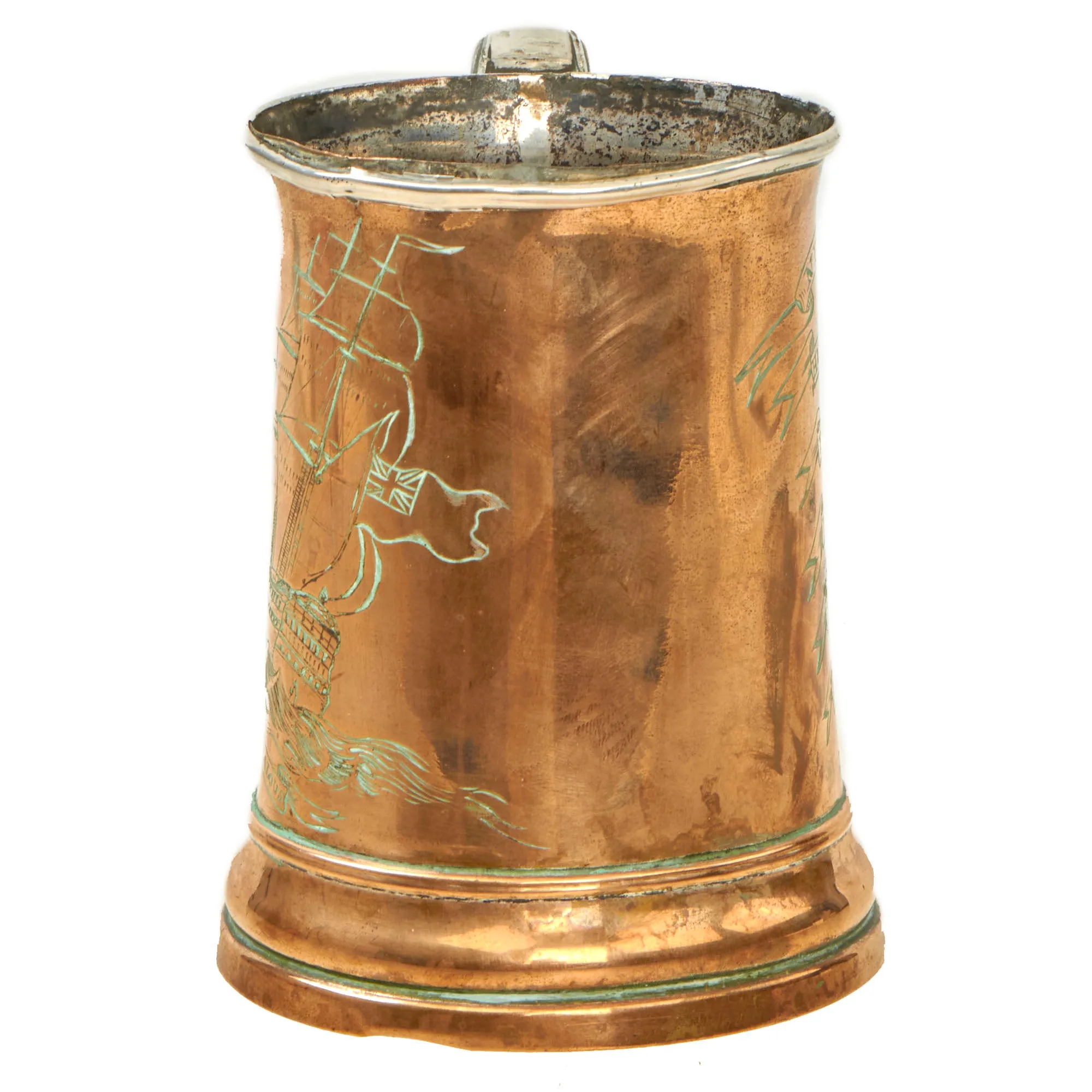 Original British Napoleonic Royal Navy Silver Plated Copper Pint Tankard from HMS ZEALOUS with Nelson’s “Band of Brothers” Engraved on the Side - c. 1800