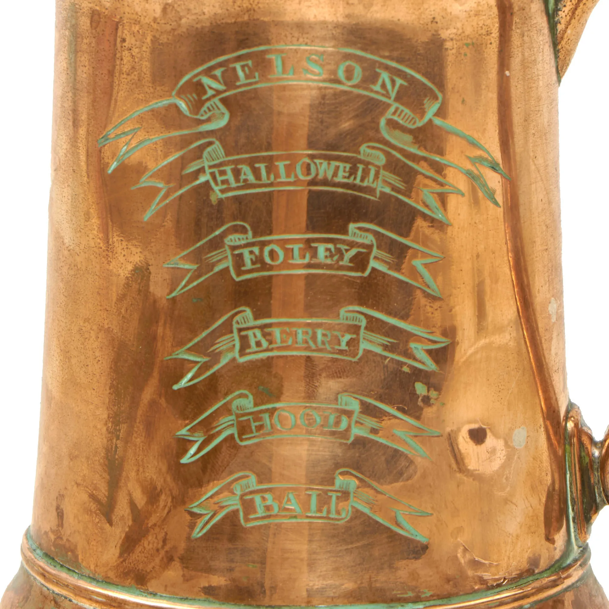 Original British Napoleonic Royal Navy Silver Plated Copper Pint Tankard from HMS ZEALOUS with Nelson’s “Band of Brothers” Engraved on the Side - c. 1800